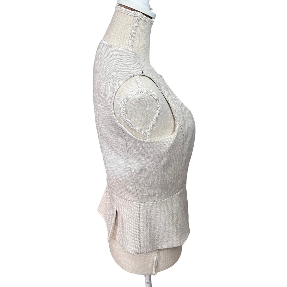 White House Black Market Beige Neutral Tweed Bodice Top Sz 4 Peplum Hem Full Zip - Picture 5 of 15